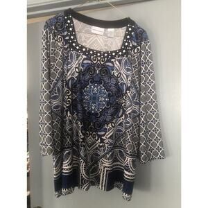 Geometric Medallion Alfred Dunner Large 3/4 Sleeve Square Neck Blouse Tunic